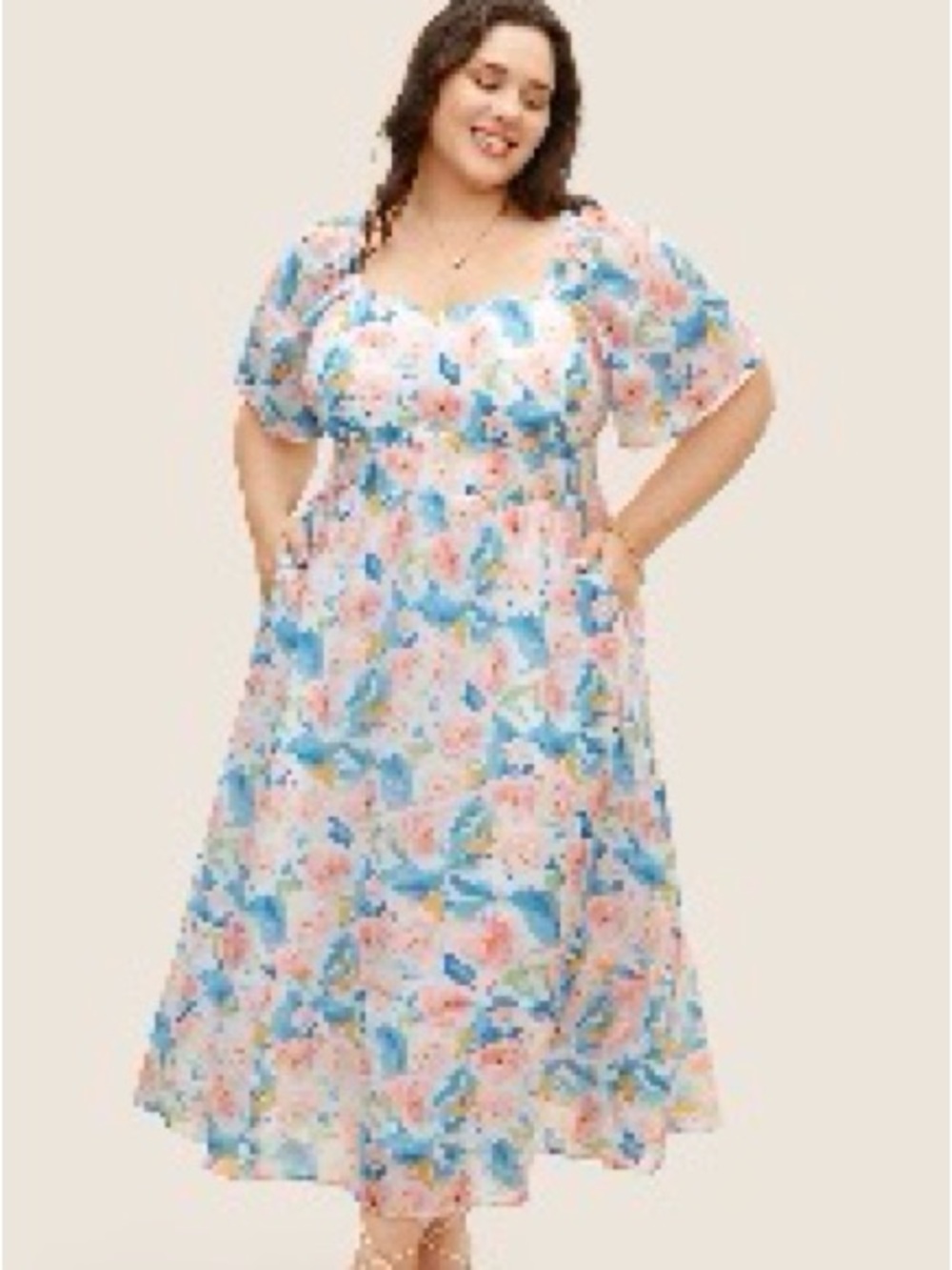 BloomChic Watercolor Floral Midi Dress 2X | Blue Pink Flutter Sleeve Cottagecore - Picture 7 of 8